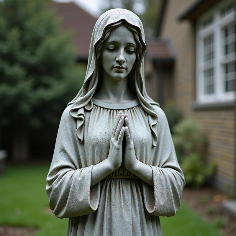 Tượng Đức Mẹ Sầu Bi bằng đá xám đặt ngoài trời, thể hiện sự bền bỉ, cam chịu, thanh tịnh